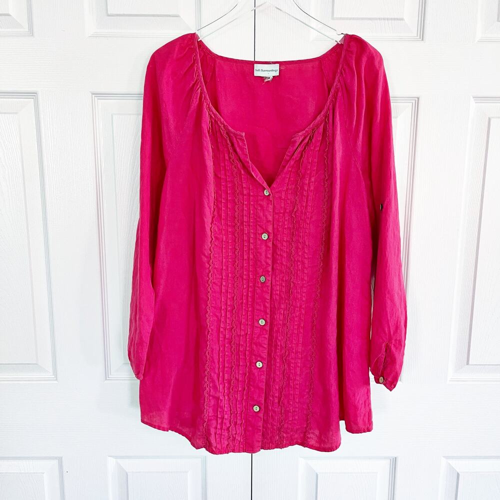 Soft Surroundings Pink Linen Pintuck Crochet Button Front Boho Tunic Top Resort